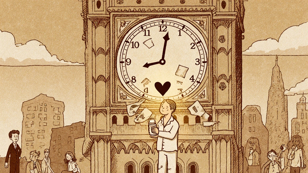 Horloge géante avec seule fenêtre horaire valide pour la prise du médicament, cœur brillant au centre.