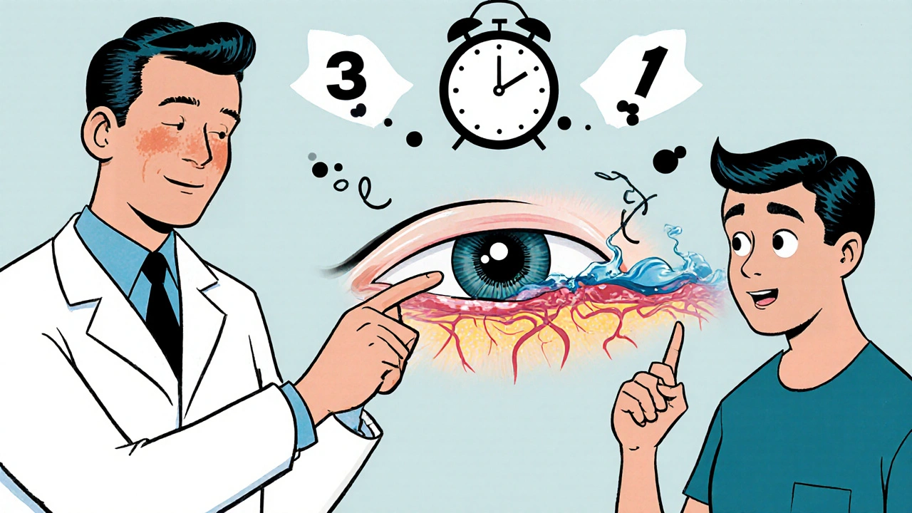 Médecin expliquant les corps flottants à un patient, avec un schéma oculaire et des taches flottantes stylisées.