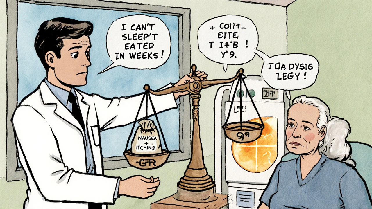 Médecin expliquant qu&#039;une mauvaise qualité de vie justifie la dialyse, malgré un eGFR encore acceptable.