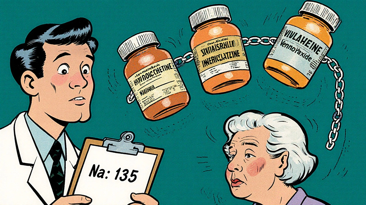 Médecin montrant un résultat de sang dangereux à un patient âgé, avec des médicaments enchaînés.