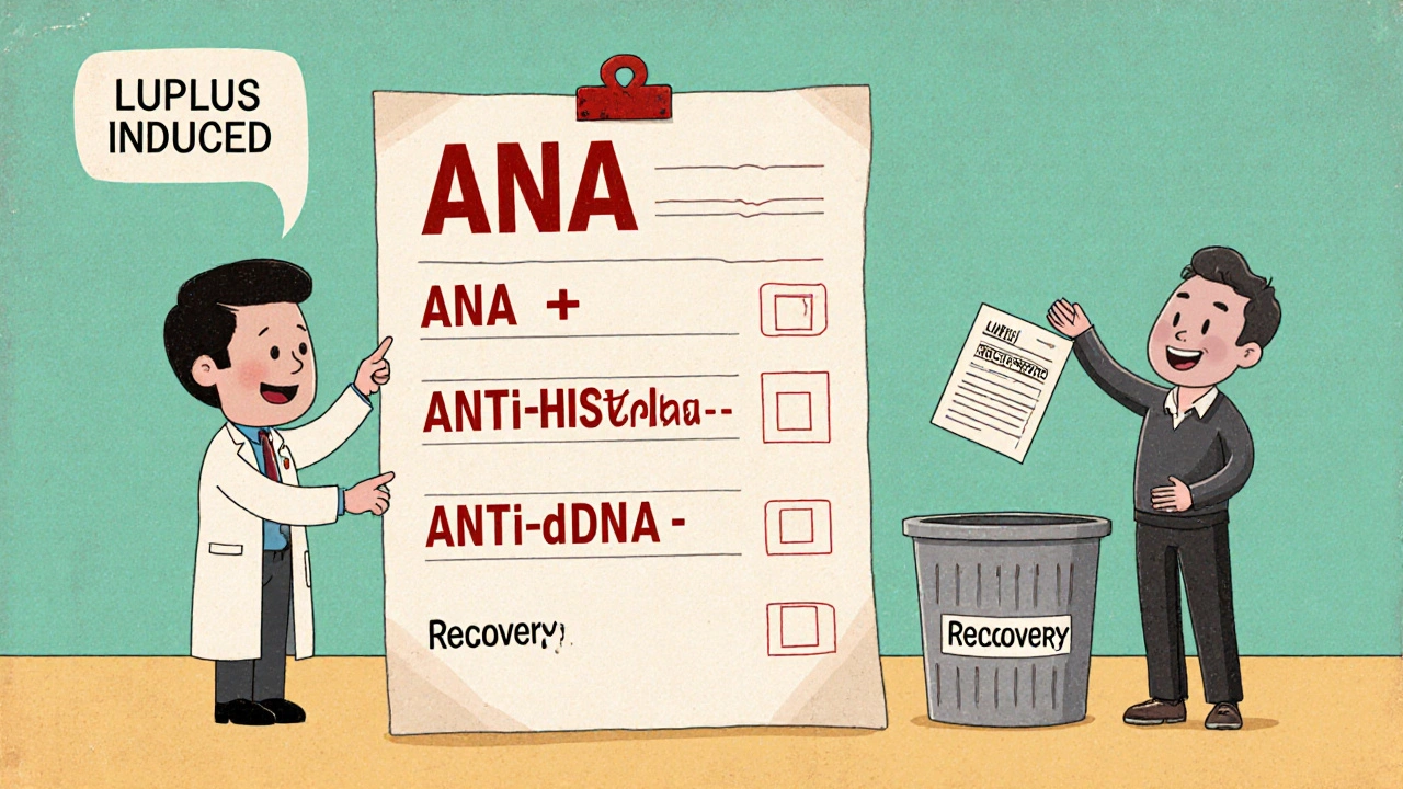 Médecin montrant un test sanguin avec anticorps anti-histone positif, patient jette un médicament responsable.