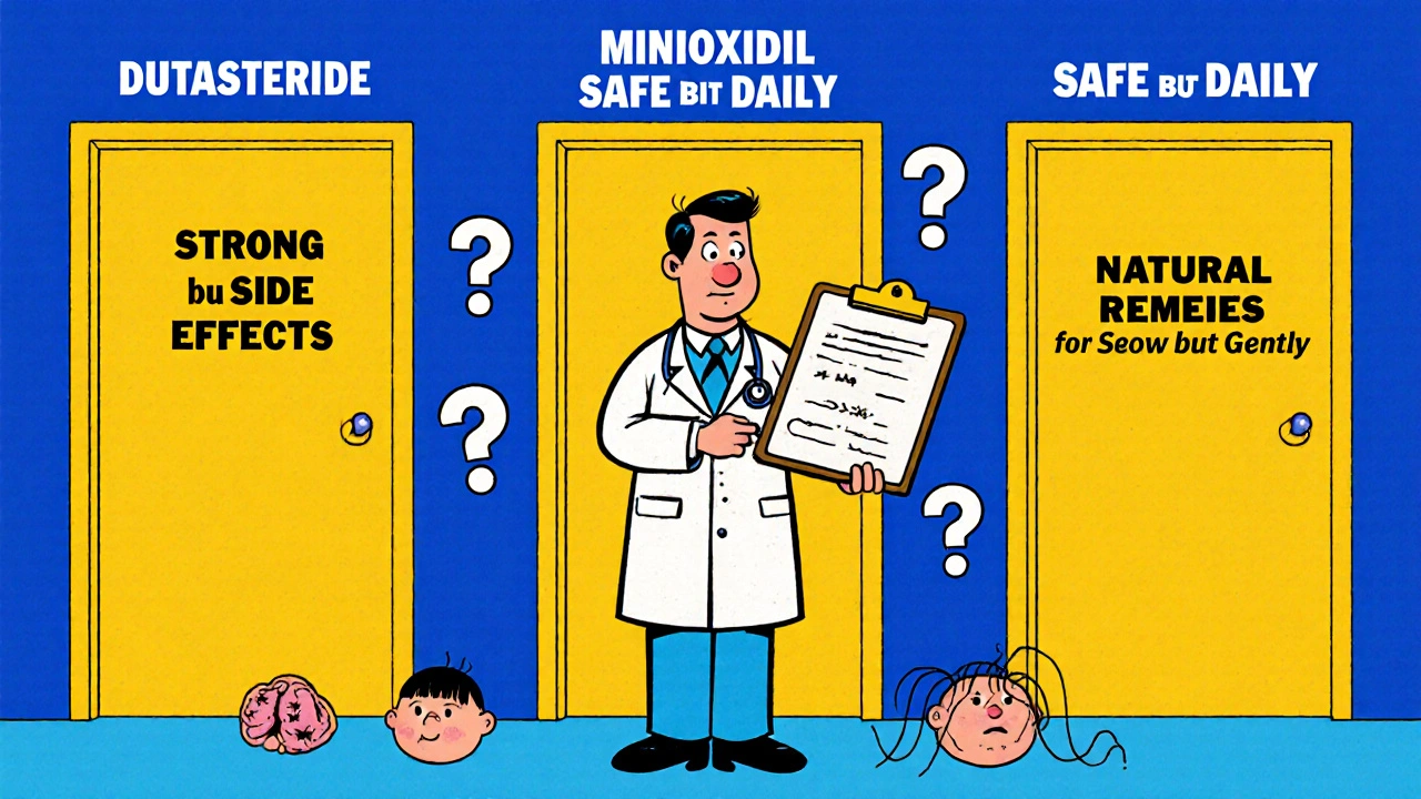 Médecin présentant trois options de traitement pour la chute de cheveux, dans un style cartoon humoristique des années 60.