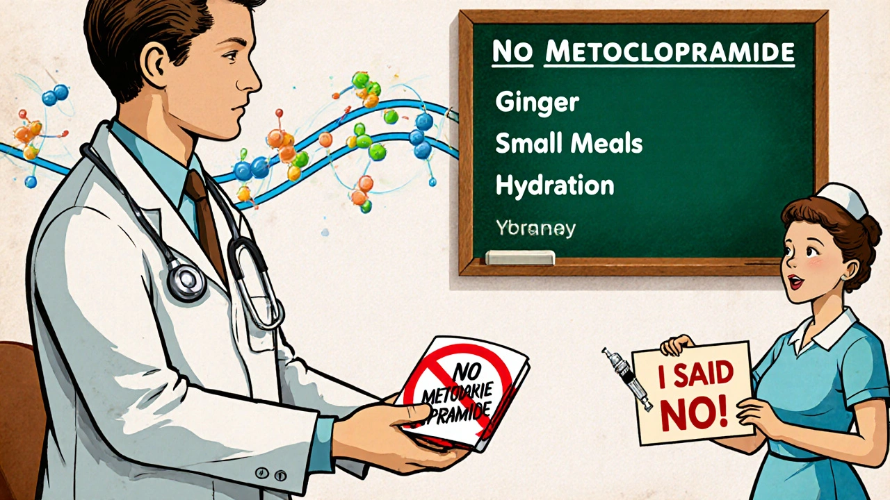 Médecin remettant une carte de poche &#039;Interdit : Métoclopramide&#039; à un patient, avec un cerveau sain en arrière-plan et des alternatives thérapeutiques visibles.