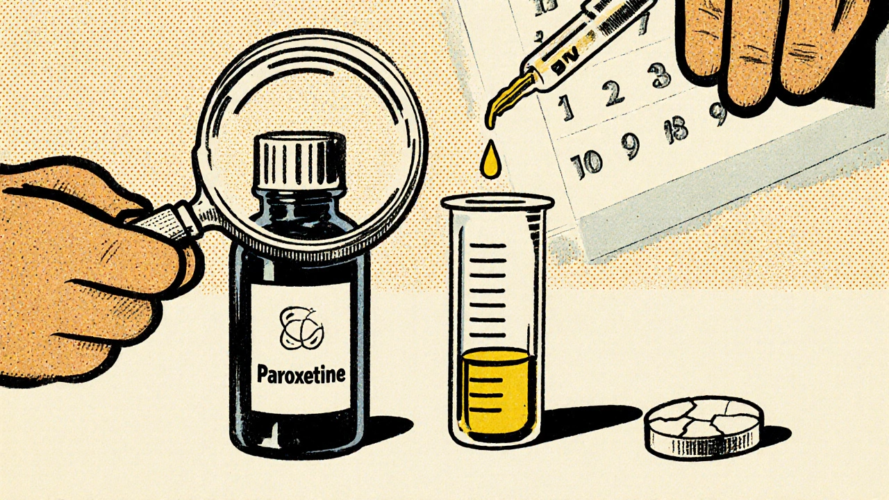 Médecin utilisant une pipette pour réduire progressivement une dose d&#039;antidépresseur, comparé à un comprimé cassé.