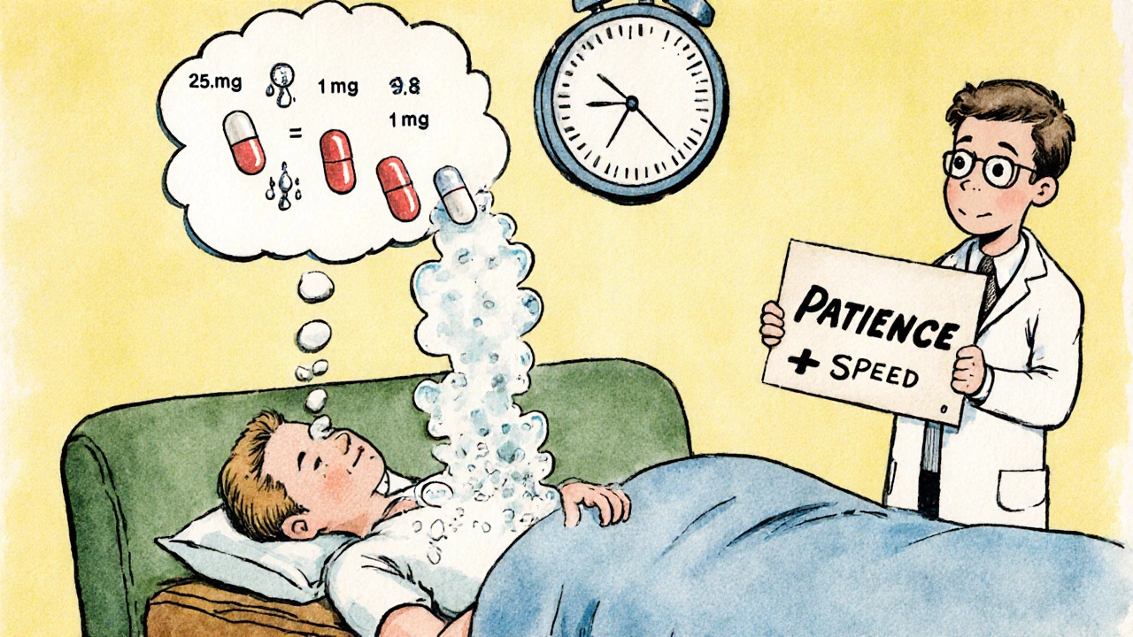 Patient en train de se sevrer lentement, avec des gouttes de médicament qui s&#039;évaporent en doses décroissantes.