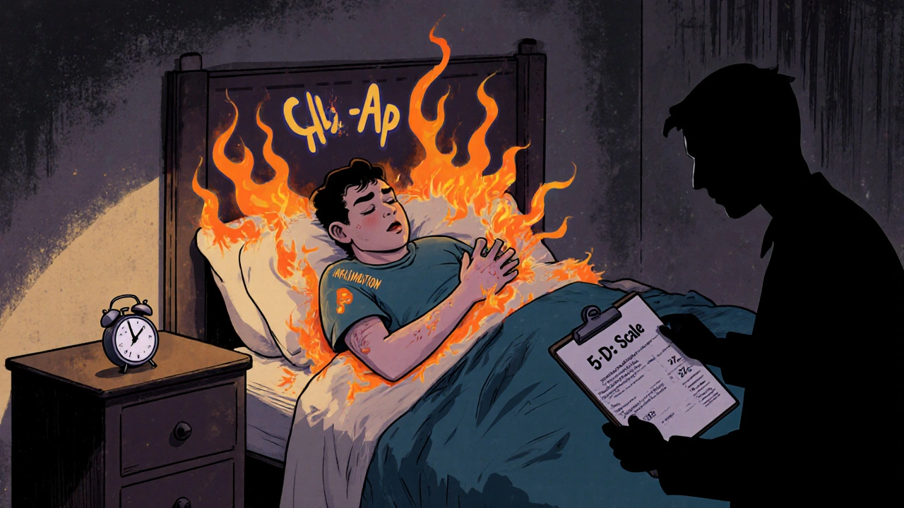 Patient insomniaque se grattant violemment la peau, avec une montre de sommeil indiquant un score bas.