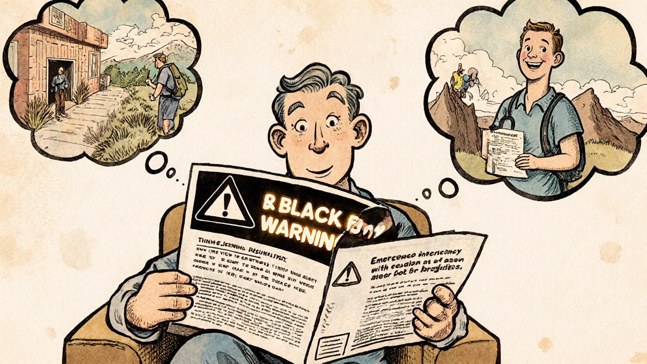 Patient lisant une notice médicale avec une boîte noire qui brille, des bulles de pensée montrant des conséquences opposées.