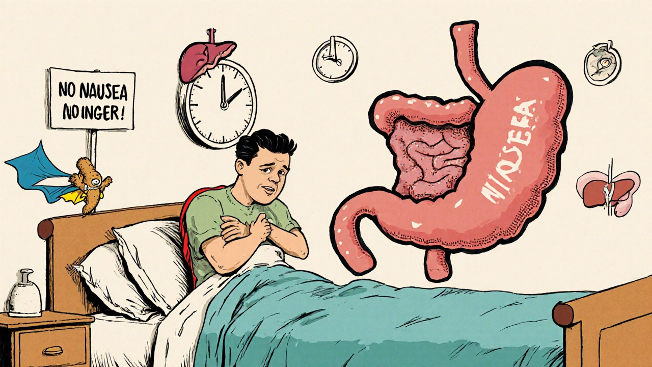 Patient nauséeux assis sur son lit, estomac qui proteste, racine de gingembre en cape de superhéros.