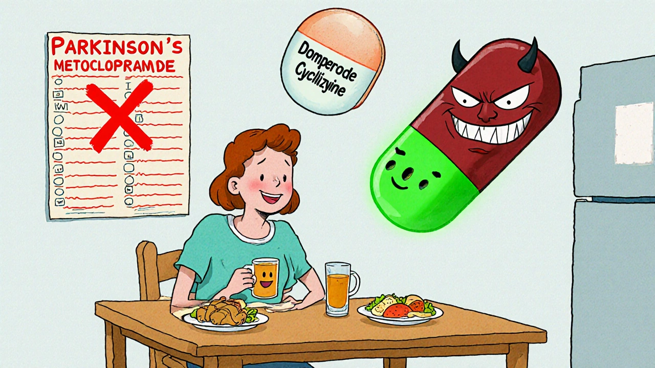 Patient souriant buvant du thé au gingembre, entouré de médicaments sûrs, tandis qu&#039;un antiémétique dangereux est marqué d&#039;une croix rouge.