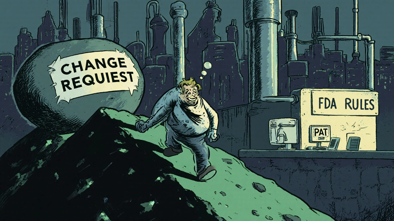 Propriétaire de petite entreprise poussant un rocher &#039;Demande de changement&#039; sous un mur &#039;Règles FDA&#039;, usine moderne en arrière-plan.