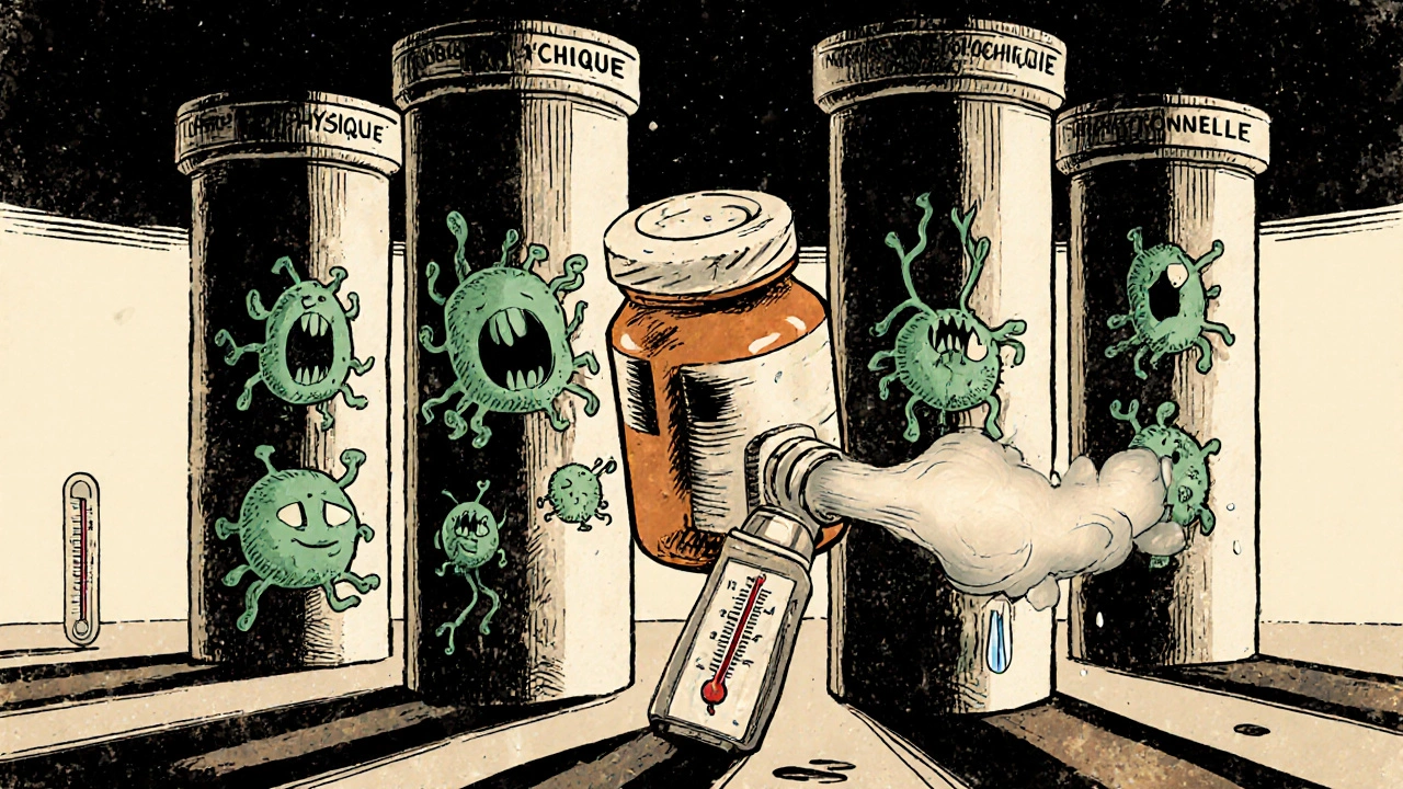 Quatre piliers soutenant une bouteille de médicament qui s’effondre, avec des bactéries monstrueuses et un thermomètre à 40°C.