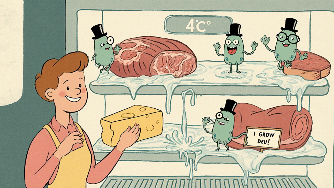 Réfrigérateur où des bactéries Listeria dansent joyeusement sur les étagères malgré la température froide.