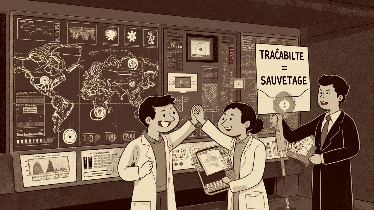 Salle de contrôle avec cartes en temps réel et IA prédisant les ruptures, contrastée avec une ombre portant un panneau &#039;Prix le plus bas&#039;.