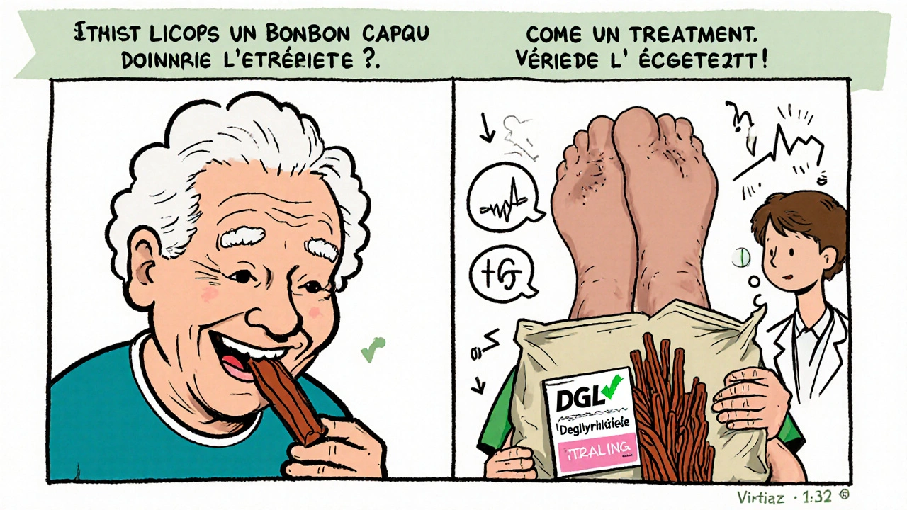 Scène comparée : une personne en sécurité avec de la réglisse DGL à gauche, une autre en danger avec des symptômes médicaux à droite.