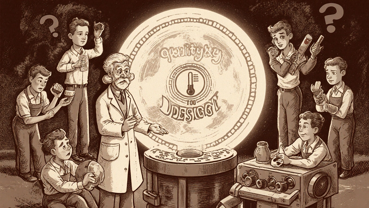 Scientifique tenant une boule de cristal &#039;Qualité par la Conception&#039; autour d&#039;une machine à comprimés, ouvriers confus en arrière-plan.