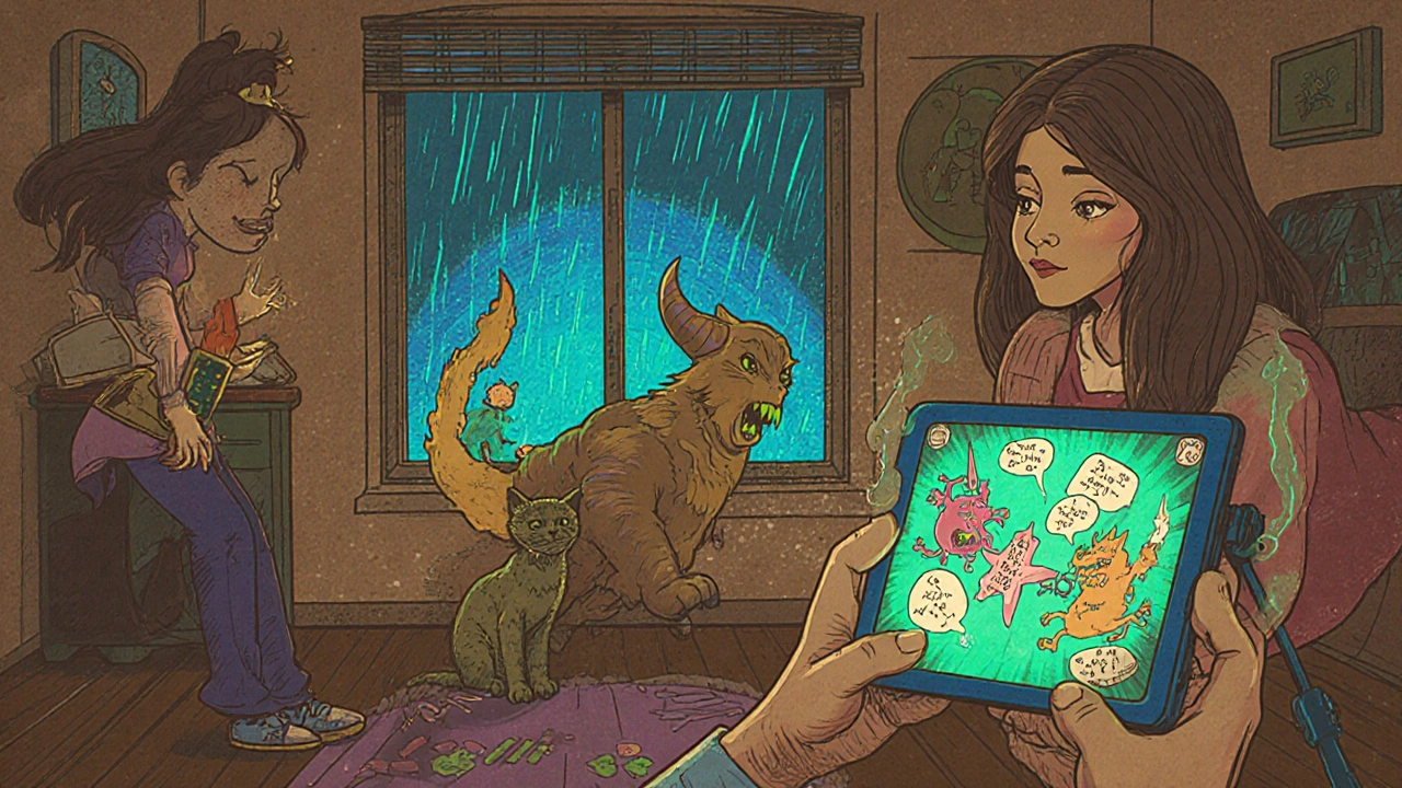 Un enfant joue à Prodigy Math, des équations se transforment en sorts magiques sur un écran.