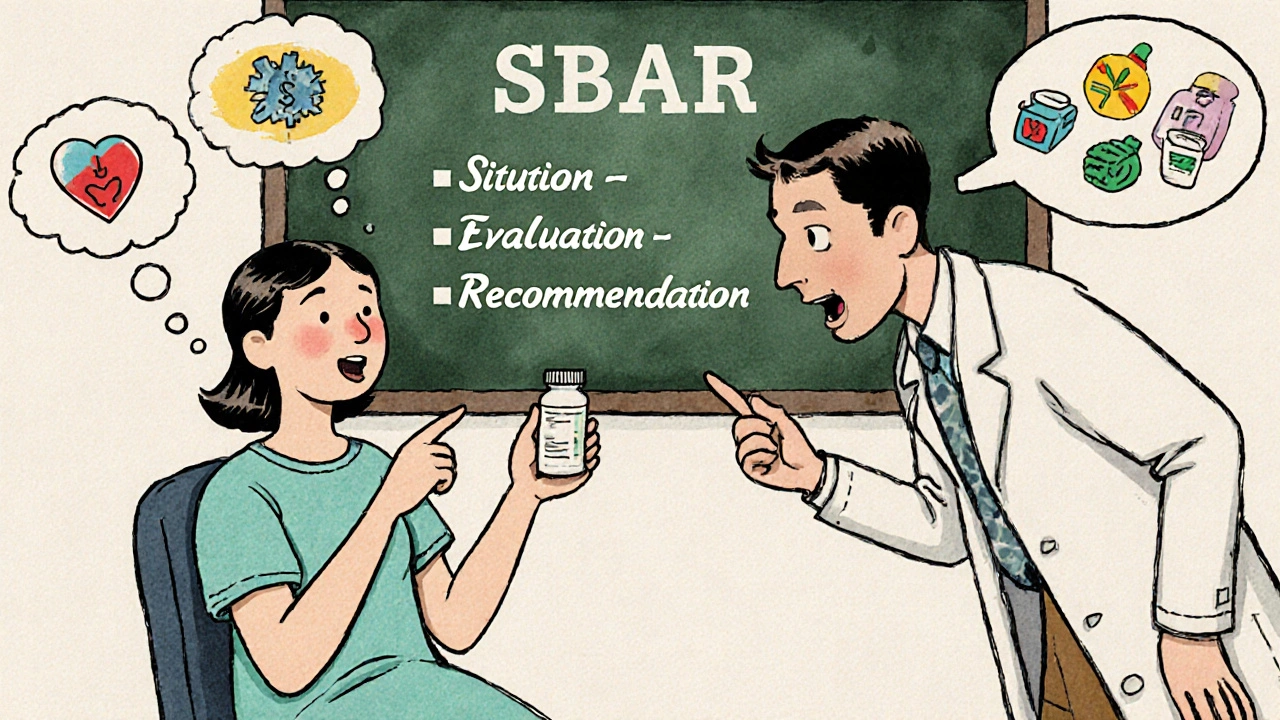 Un patient et son accompagnant utilisent la méthode SBAR avec un médecin, des icônes médicales flottent autour d&#039;eux.