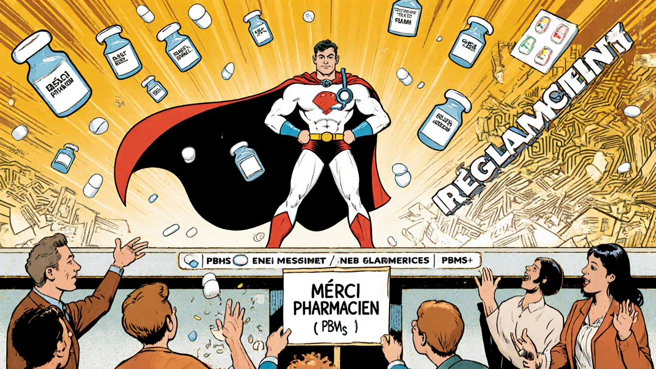 Un pharmacien en super-héros entouré de vaccins et de génériques, les patients le félicitent.