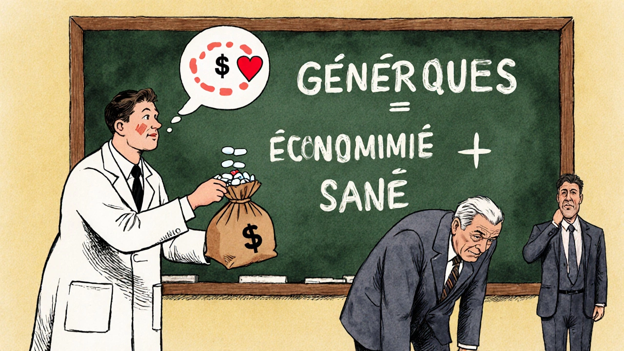 Un pharmacien remet des médicaments génériques à un patient âgé, avec une bulle de pensée en forme de cœur.