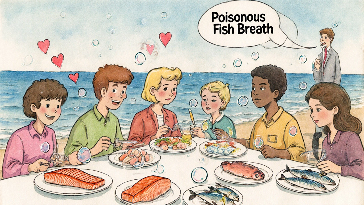 Un repas de poissons gras entouré de cœurs flottants, tandis qu&#039;une personne avale des gélules avec une tête de dégoût.