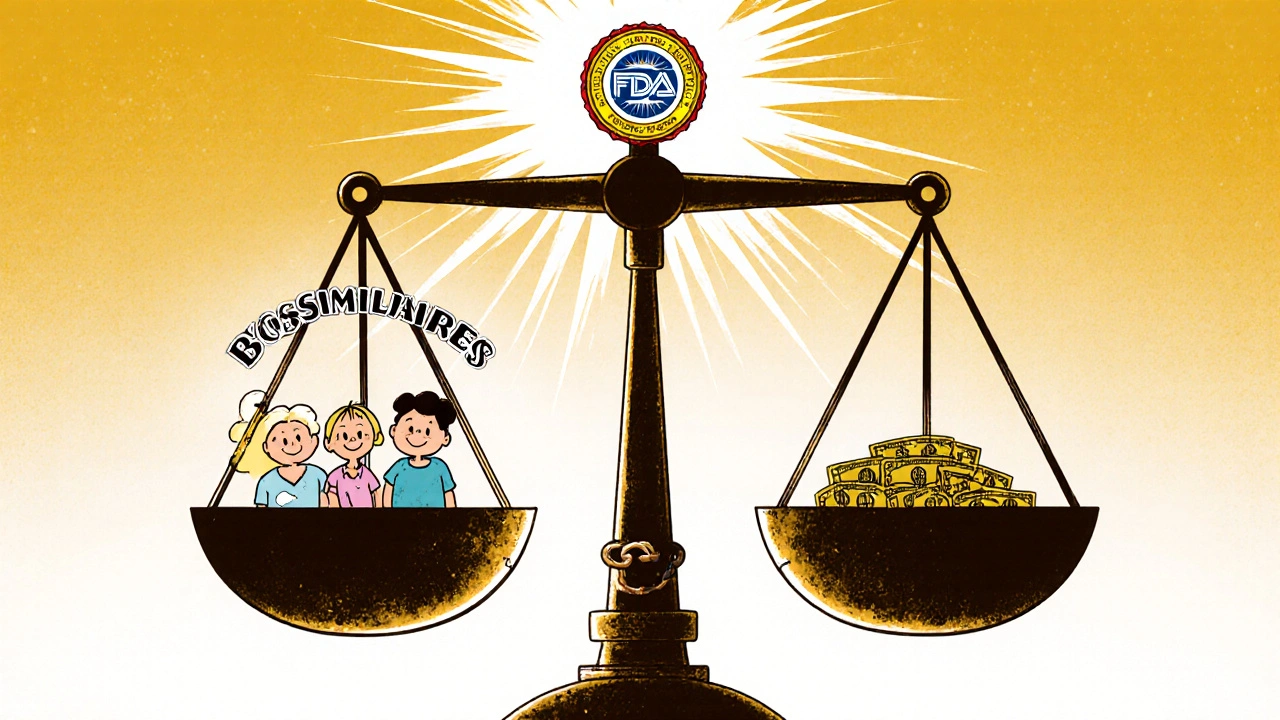 Une balance montre les biosimilaires gagnants face aux médicaments coûteux, sous le regard de la FDA.