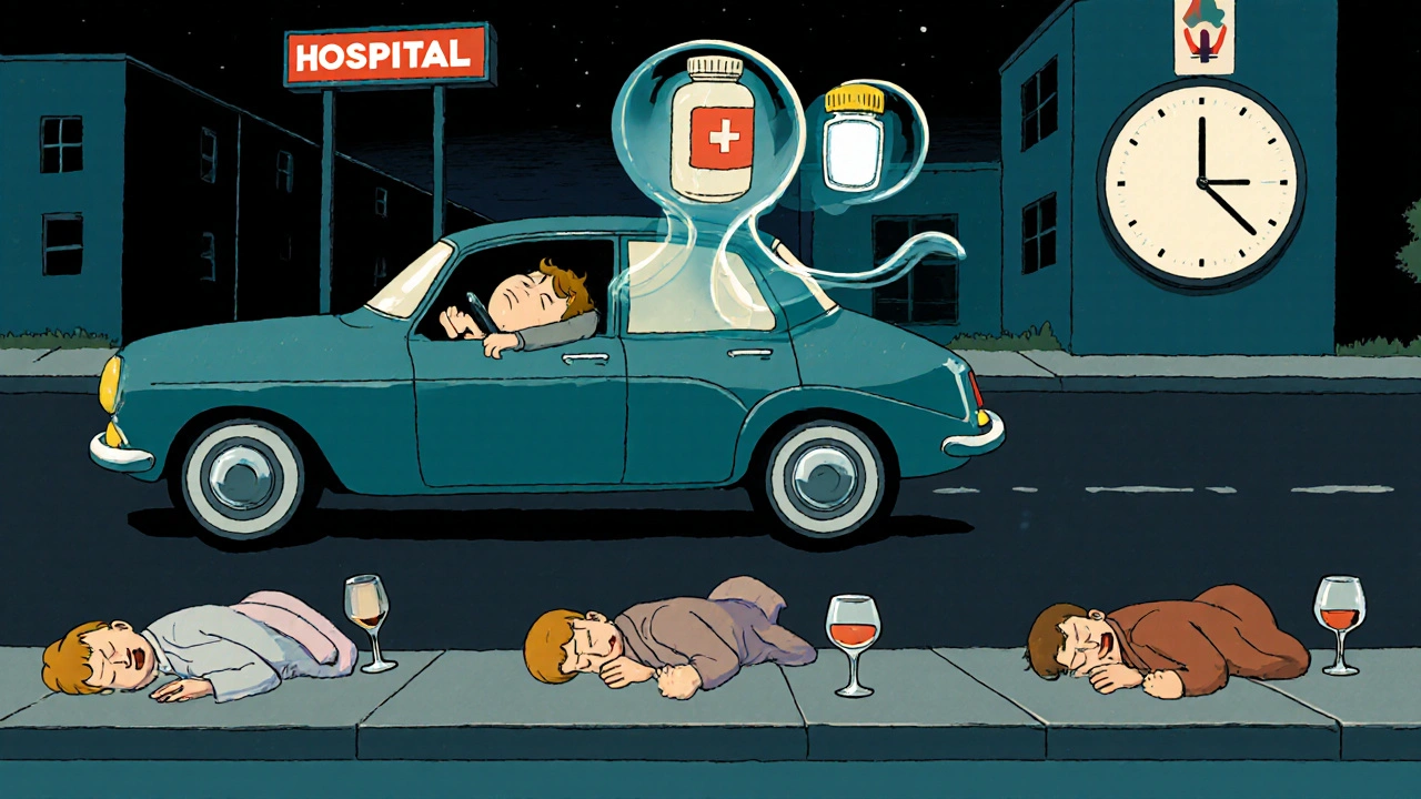 Voiture conduite par un conducteur endormi, avec des pilules et de l&#039;alcool flottant au-dessus, en direction d&#039;un hôpital.