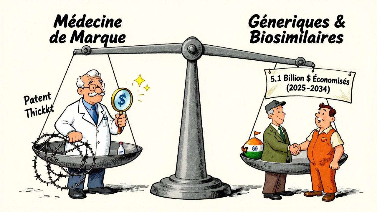 Balance géante opposant médicaments de marque et génériques, avec des hôpitaux et soins aux personnes âgées bénéficiant des économies.