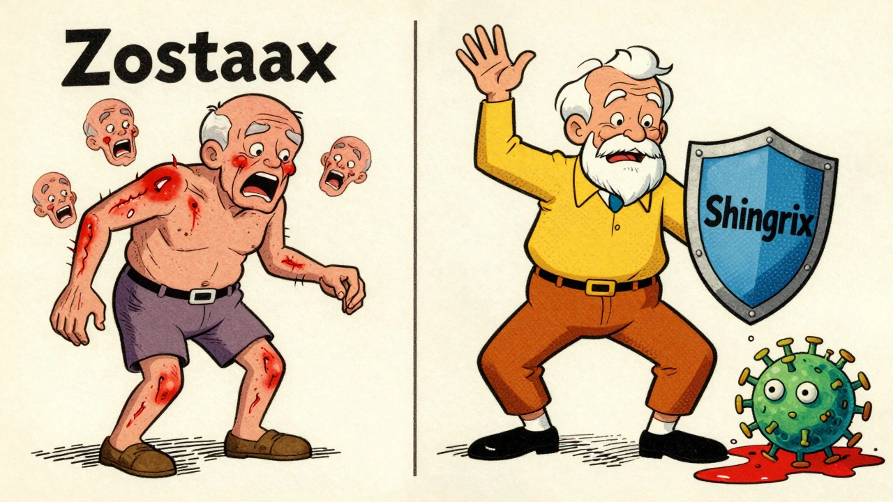 Comparaison cartoon : un zona douloureux contre un vaccin Shingrix qui fait fuir le virus.