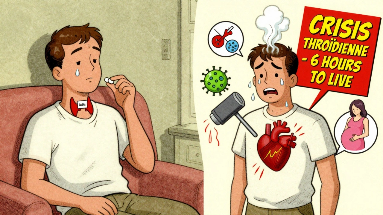 Comparaison en deux parties : un patient calme à domicile versus le même patient en crise avec des symboles de déclencheurs.
