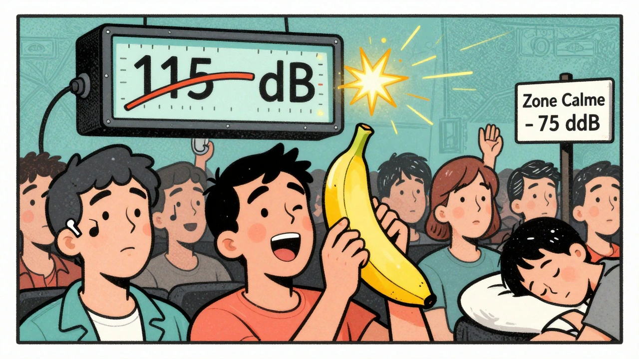 Concert de rock avec une jauge de bruit à 115 dB, des spectateurs portant des bouchons en forme de notes et une zone calme au fond.