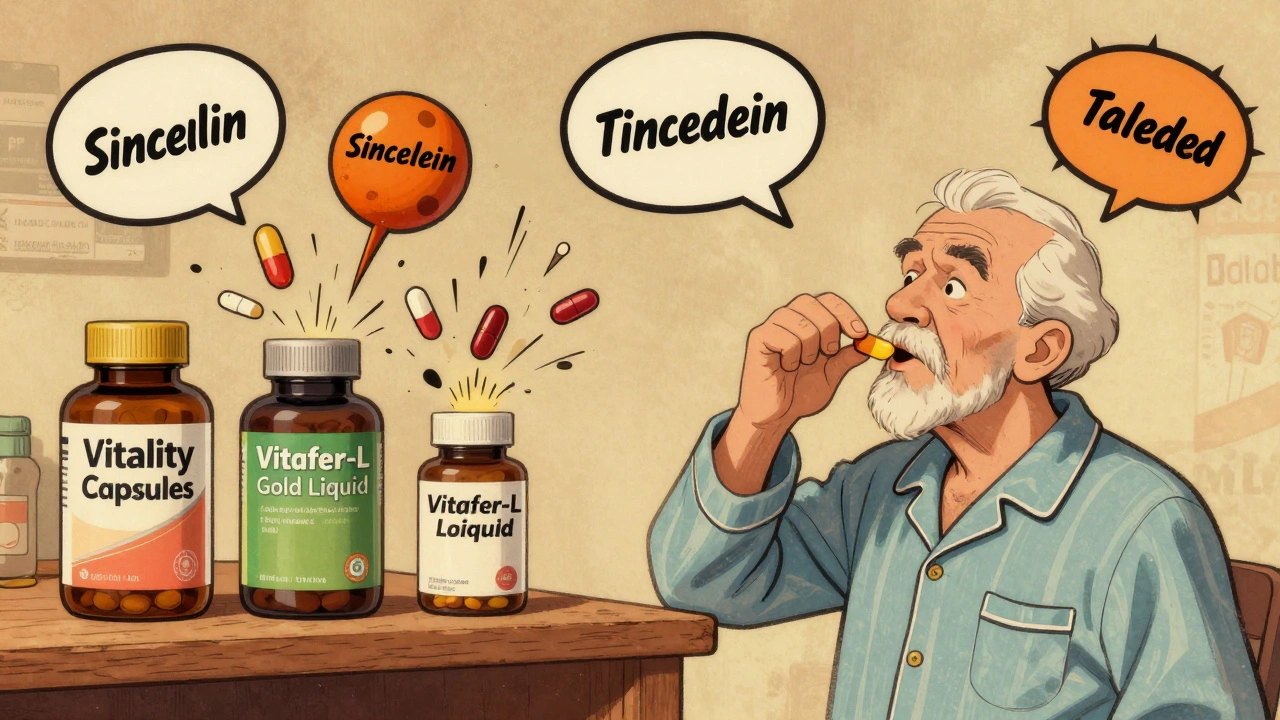 Des compléments alimentaires qui libèrent des médicaments cachés comme des bombes, tandis qu&#039;un homme âgé les avale sans savoir.
