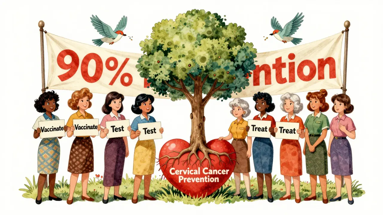 Des femmes de tous horizons célèbrent la prévention du cancer du col avec un arbre de santé.