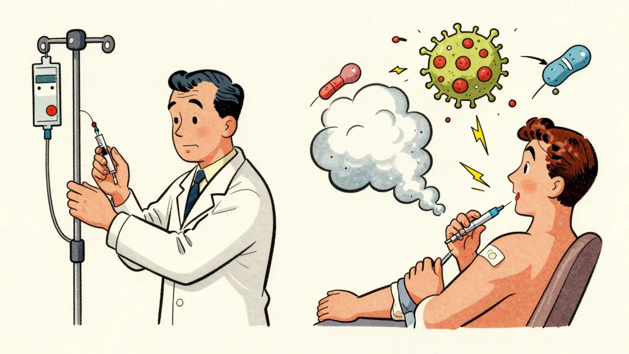 Deux injections comparées : perfusion calme vs réaction immunitaire explosive.