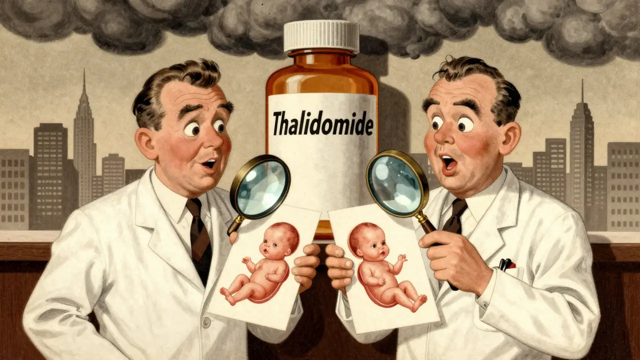Deux médecins découvrent le lien entre la thalidomide et les malformations fœtales, une bouteille de pilule projette une ombre menaçante sur une ville.