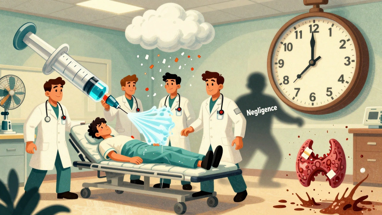 Équipe médicale en réanimation utilisant des outils géants pour traiter une crise thyroïdienne, avec un horloge brisée et un patient survivant.