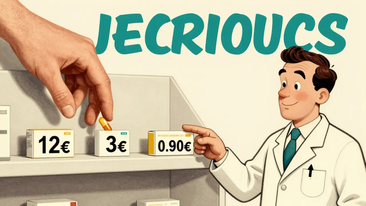 Étagère de médicaments génériques où un distributeur invisible déplace le plus cher au profit du moins cher.