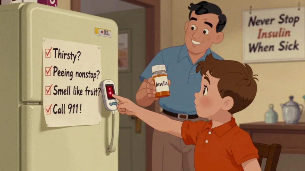 Famille regardant une liste d'alertes sur le frigo, avec un capteur de glycémie qui clignote en rouge, style cartoon rétro.