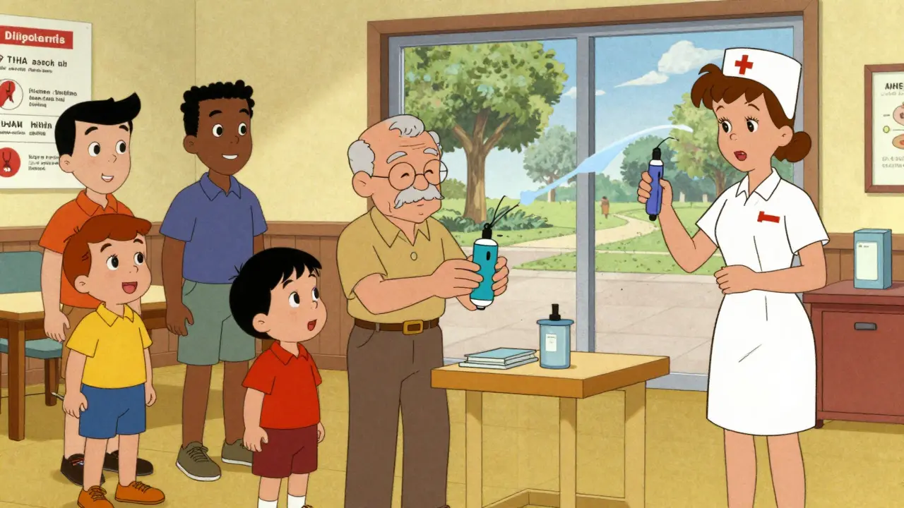 Groupe diversifié s'entraînant à utiliser un simulateur de glucagon dans un centre communautaire, avec des affiches explicatives au mur et une ambiance chaleureuse.