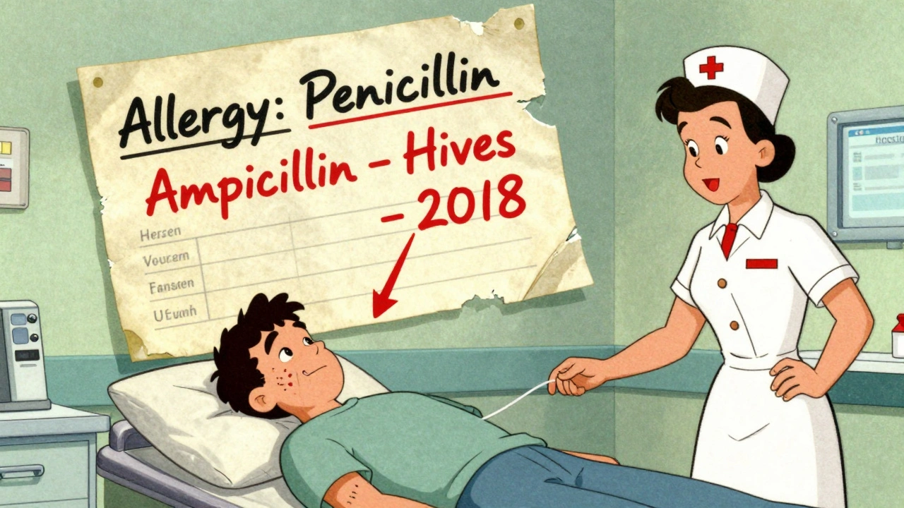 Infirmière corrigeant un dossier médical erroné dans une salle d&#039;urgence, évitant une réaction allergique grave.