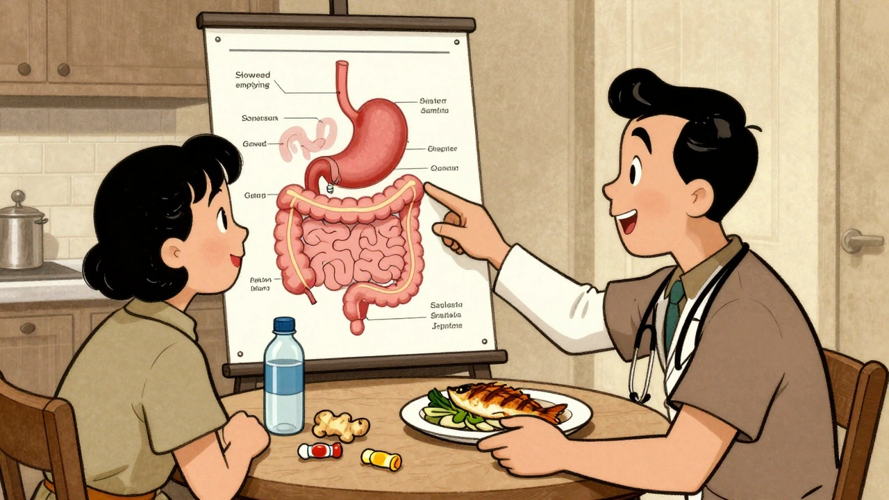 Médecin et patient à table, discutant d&#039;un schéma digestif avec des aliments légers et du gingembre.