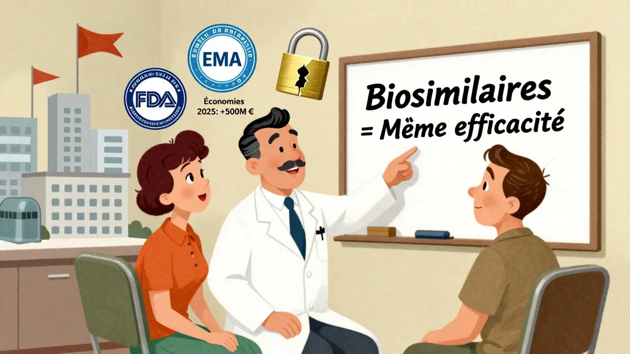 Médecin explique à un patient que les biosimilaires sont aussi efficaces, avec des logos de sécurité médicale.