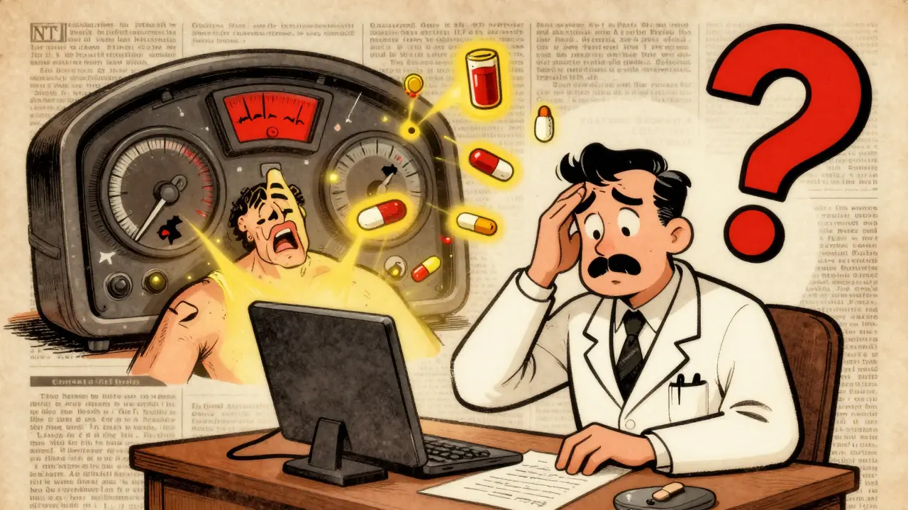 Médecin perplexe face à un patient dont le corps affiche des signaux de stress causés par des médicaments.