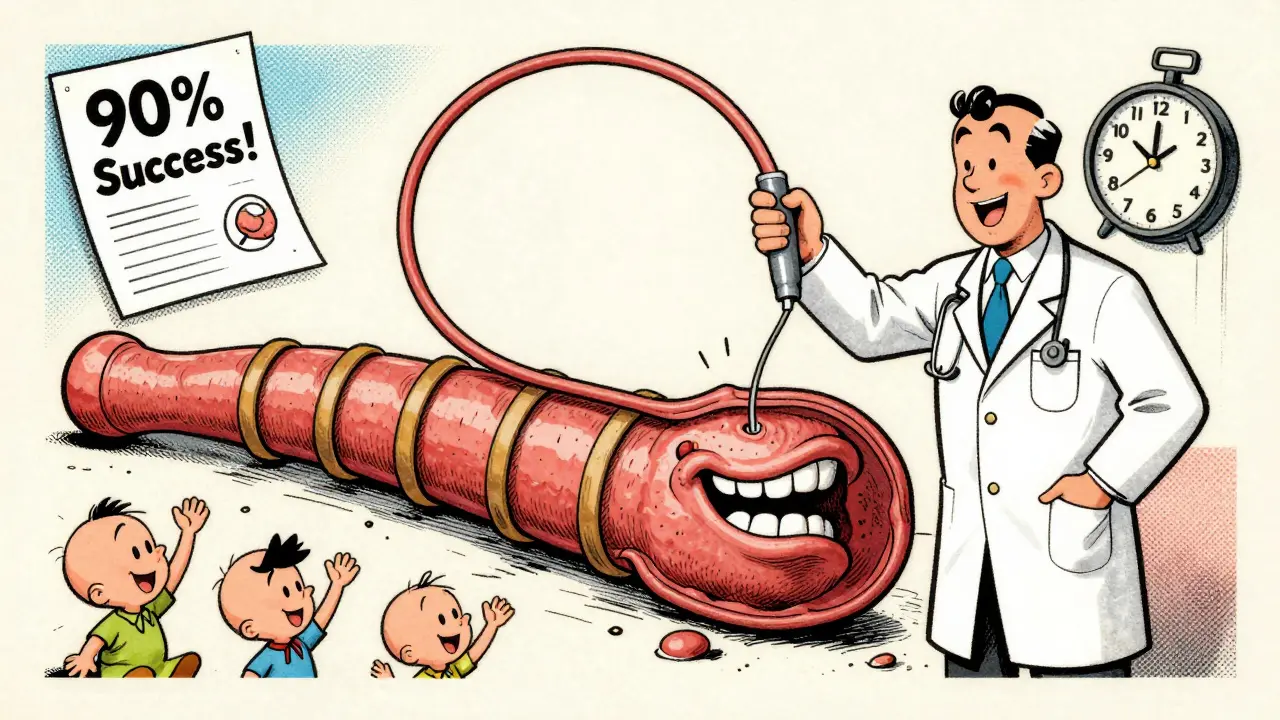 Médecin utilisant une endoscope en forme de lance-bandes pour traiter des varices géantes, avec un patient qui regarde avec espoir.