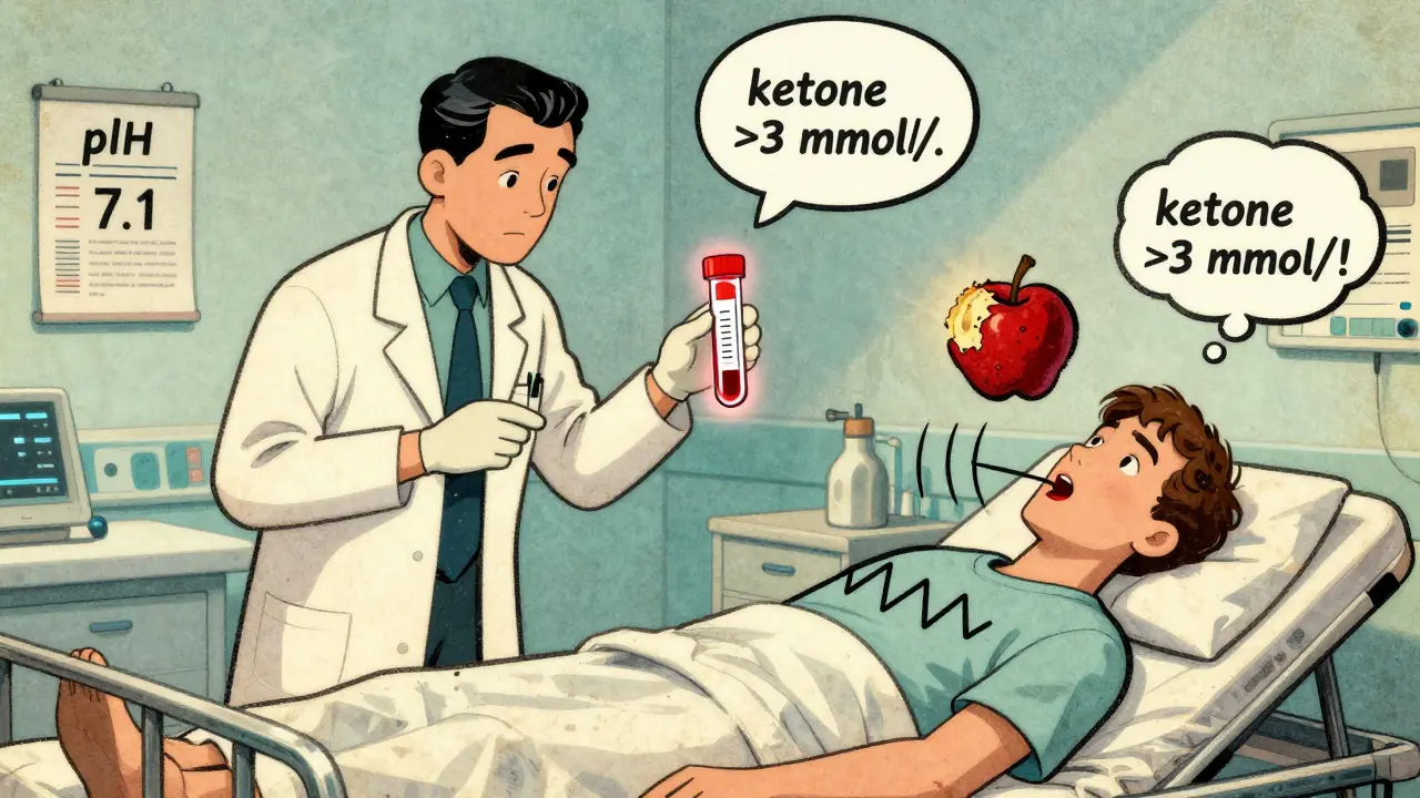 Patient à l'hôpital avec une respiration rapide et une haleine en forme de pomme pourrie, entouré de résultats médicaux.