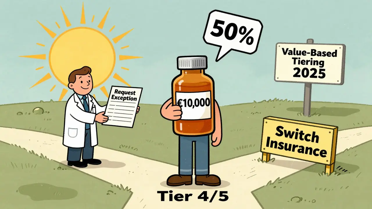 Patient at crossroads facing expensive specialty drug, options to appeal or switch.