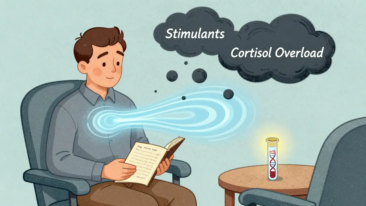 Patient calme avec un journal de symptômes, tandis que l'anxiété s'éloigne doucement en style cartoon rétro.