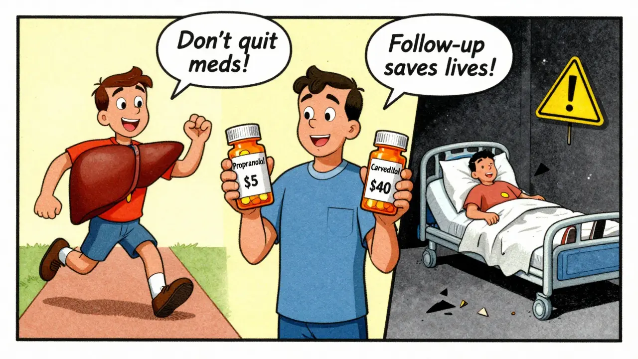 Patient entre deux chemins : un vers la santé avec un foie en forme de cœur, l'autre vers un lit d'hôpital sombre, avec des pilules et des avertissements.