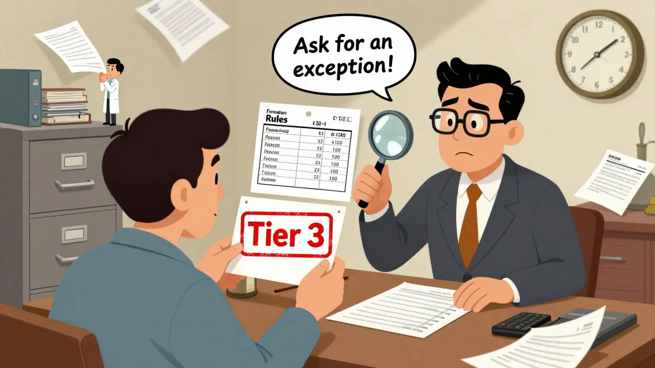 Patient frustrated by high-cost tier 3 medication, doctor suggests exception.