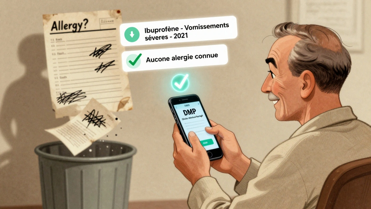 Patient mettant à jour son dossier médical numérique en France avec des détails précis sur ses allergies.