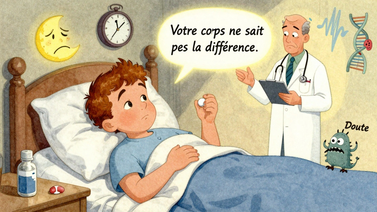 Patient regardant un comprimé blanc la nuit, entouré de symboles d&#039;anxiété, tandis qu&#039;une voix de médecin rassure.